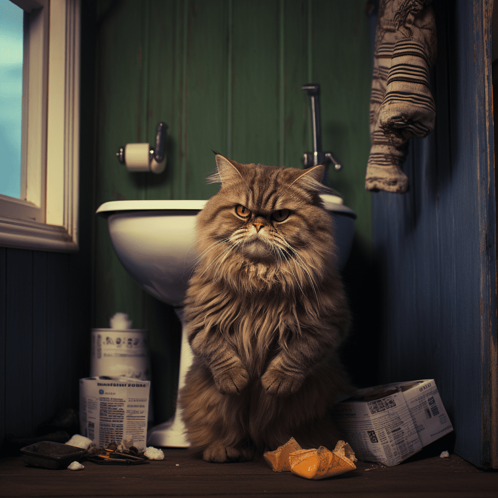 angry cat sitting in front of the toilet