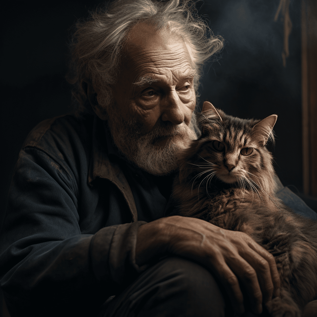 Old cat next to worried looking owner